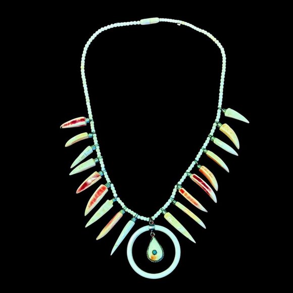 Native Coral Necklace Spikey Shell Silver Turquoise Pendent Beaded Vintage - Picture 2 of 7